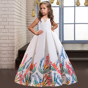 Girls Printed Long White Dress