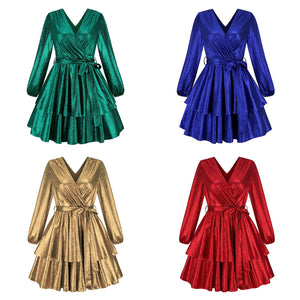 Womens Shiny Metallic  Party Dresses Wrapped V Neck Long Sleeve Tiered Hem Mini Dress for Banquet Evening Prom Gown - http://chicboutique.com.au