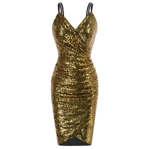 Sequin Ruched Cocktail Spaghetti Straps V-Neck Dress