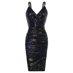 Sequin Ruched Cocktail Spaghetti Straps V-Neck Dress