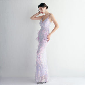 V Neck Sequin with Feathers Long Evening Dress