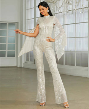 Cape Sleeve Sequin Formal Jumpsuit