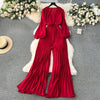 Vintage V Neck Long Sleeve Wide Leg Jumpsuit