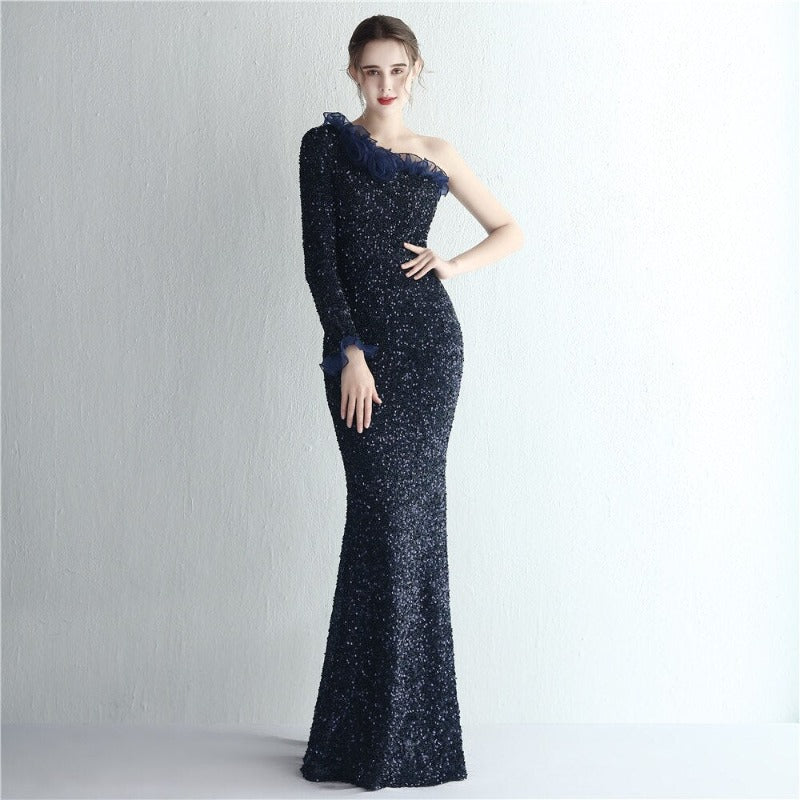 One Shoulder Long Sleeve Sequin Evening Dress