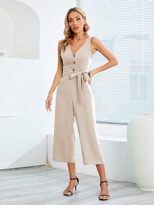 Slim Fit Sleeveless Button V Neck Jumpsuit