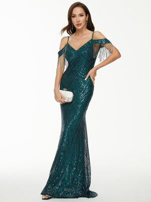 Sequin Maxi Tassel Sleeves Evening Dress