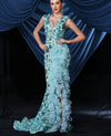 Blue V Neck Floral Sequin Floor Length Evening Dress