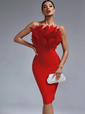 Red Feather Midi Strapless Evening Dress