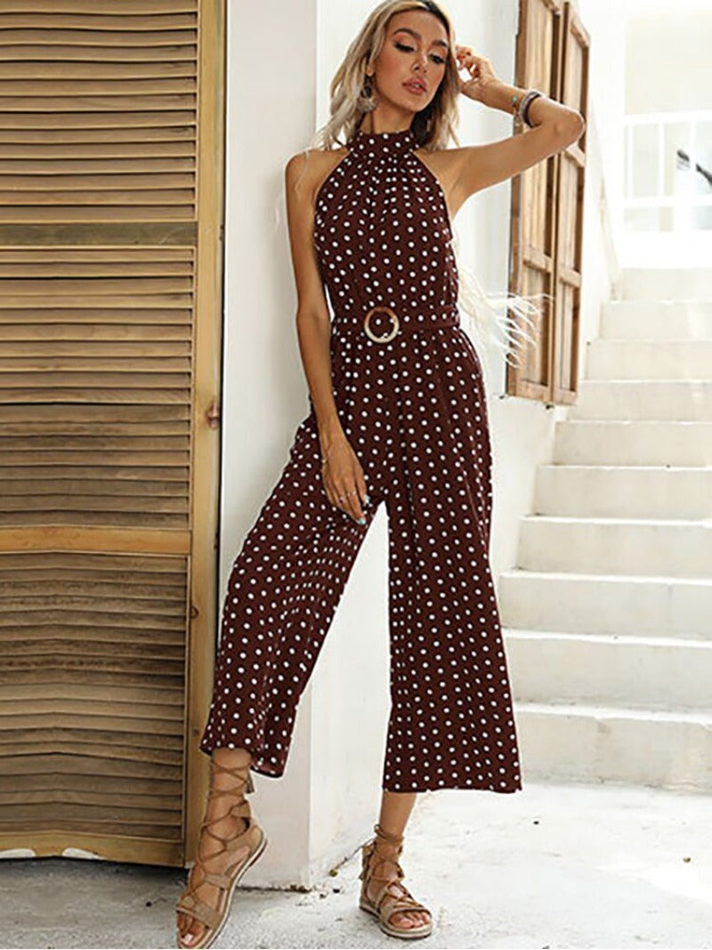 Polka Dot Wide-leg Long Halter Jumpsuit With Belt