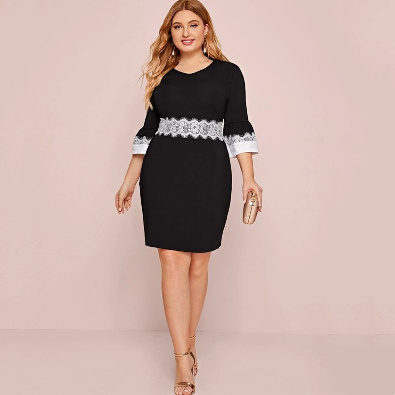 Plus Size 3/4 Sleeve Lace Panel Sheath Dress