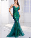 V Neck Sleeveless Green Cocktail Spaghetti Strap Sequin Evening Gown