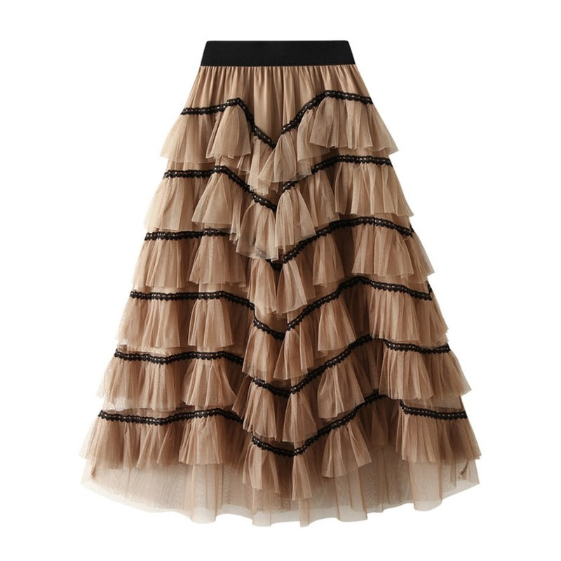 Elastic High Waist Mesh Cake Layered Skirt