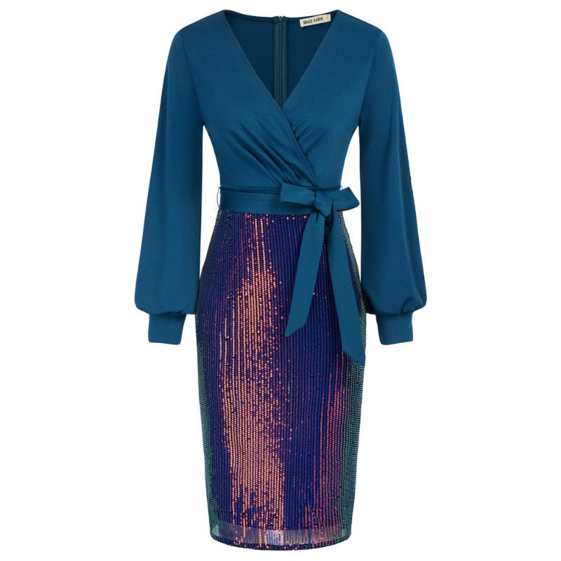 Sequin Luxury Long Sleeve V-Neck Defined Waist Dress