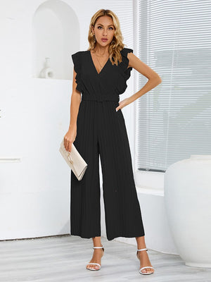 High Waist Sleeveless Ruffled V Neck Pleated Jumpsuit