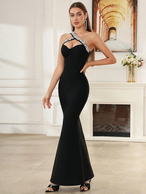 Sexy One shoulder Luxury Crystal Sleeveless Maxi Dress