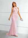 Luxury Pink Halter Neck Evening Dress