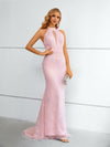 Luxury Pink Halter Neck Evening Dress