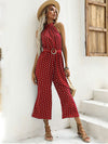 Polka Dot Wide-leg Long Halter Jumpsuit With Belt