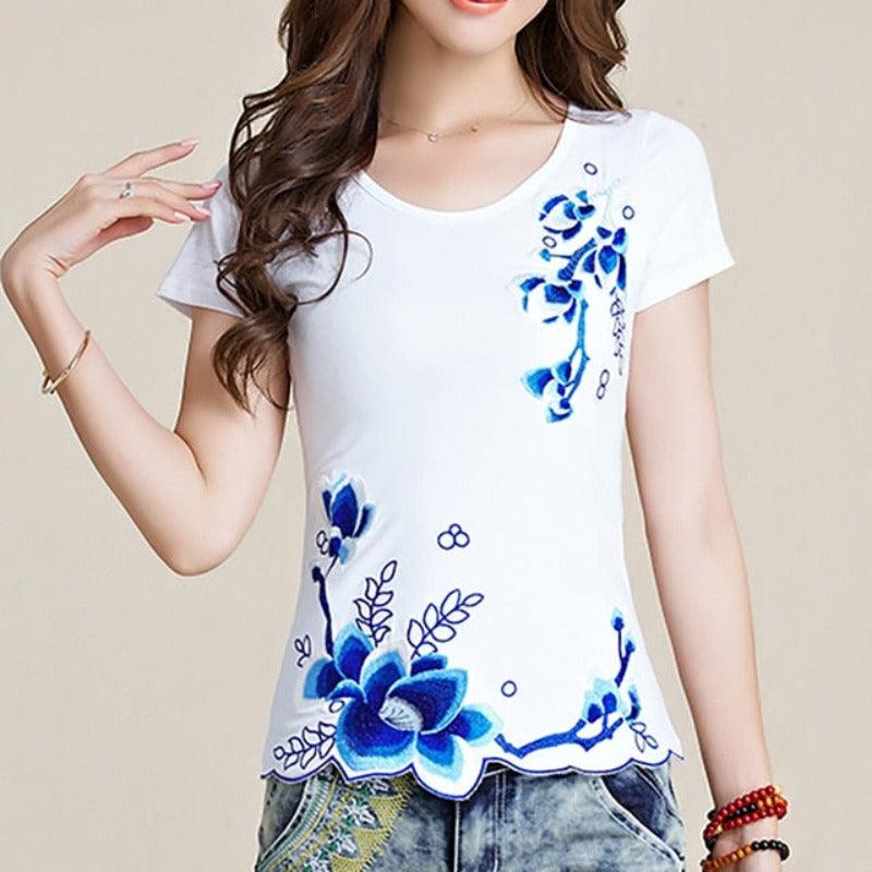 Flower Embroidery Short Sleeve T Shirt - http://chicboutique.com.au