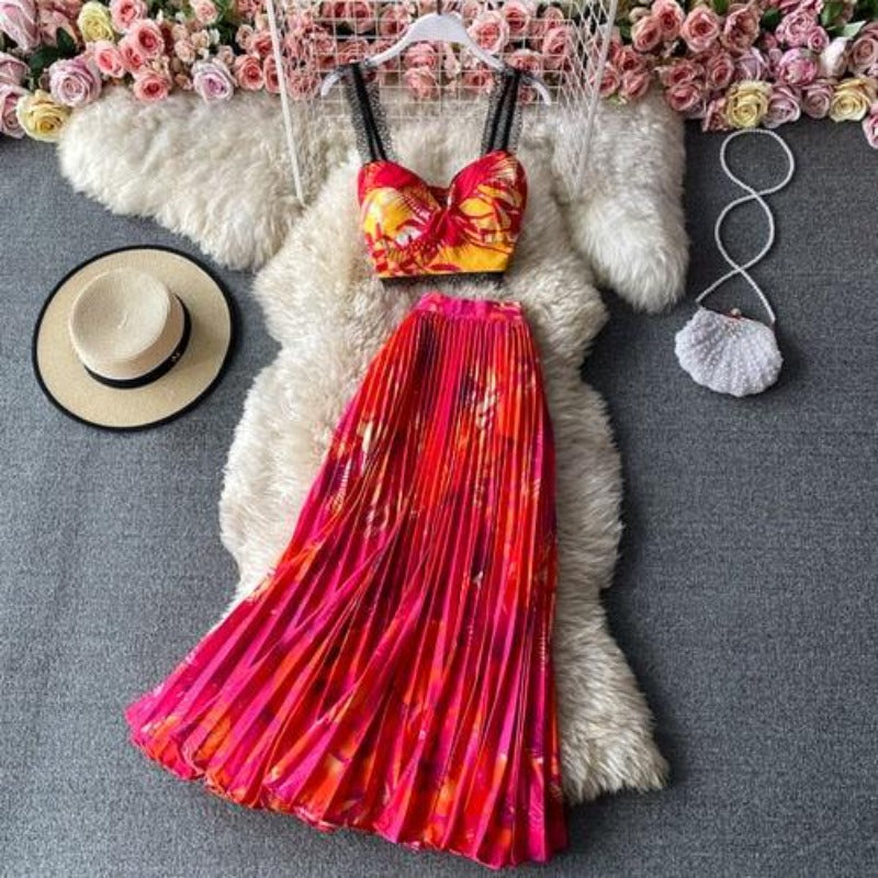 Bohemian 2 piece Floral Printed Top And High Waist Pleated Skirt - http://chicboutique.com.au