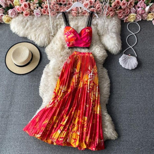 Bohemian 2 piece Floral Printed Top And High Waist Pleated Skirt - http://chicboutique.com.au