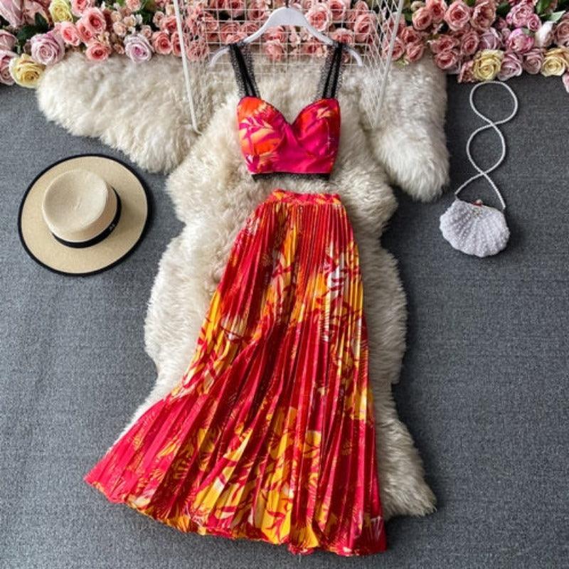 Bohemian 2 piece Floral Printed Top And High Waist Pleated Skirt - http://chicboutique.com.au