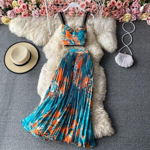 Bohemian 2 piece Floral Printed Top And High Waist Pleated Skirt - http://chicboutique.com.au