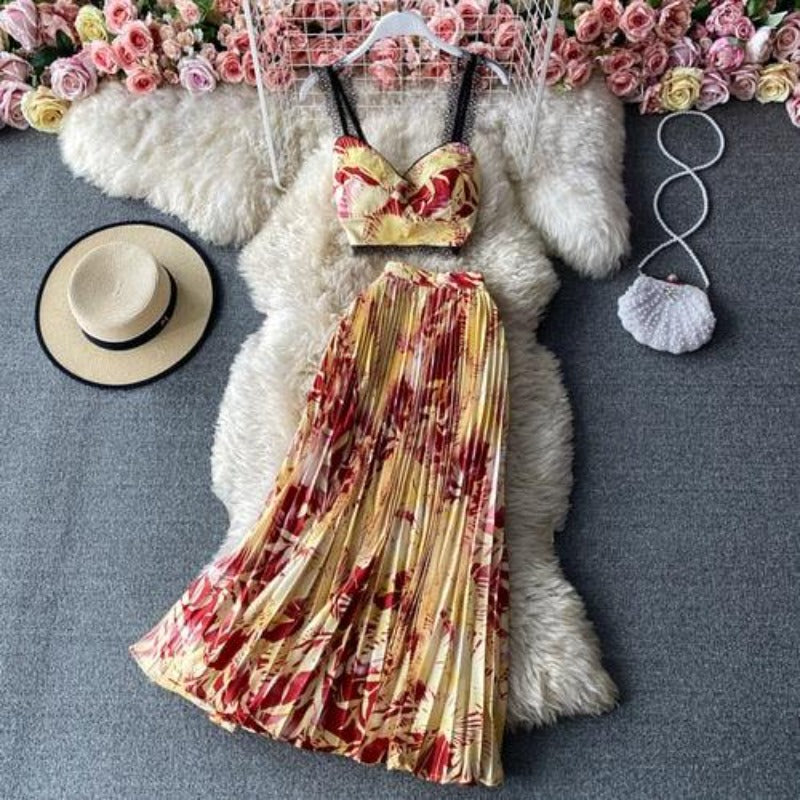 Bohemian 2 piece Floral Printed Top And High Waist Pleated Skirt - http://chicboutique.com.au
