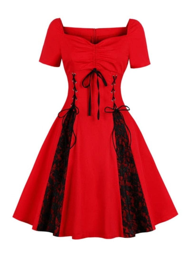 Lace-Up High Waist Vintage Rockabilly Black and Red Dress - http://chicboutique.com.au