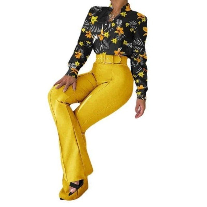 Two-piece Printed Long Sleeve Shirt & High Waist Straight Wide Leg Pants - http://chicboutique.com.au