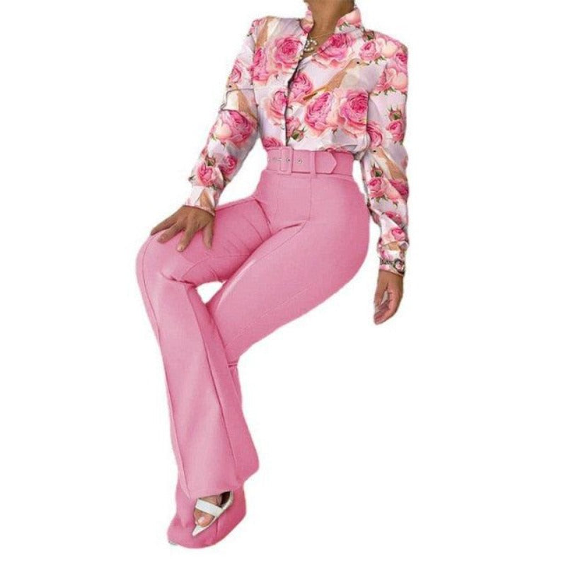 Two-piece Printed Long Sleeve Shirt & High Waist Straight Wide Leg Pants - http://chicboutique.com.au