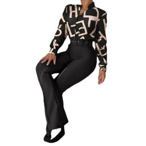 Two-piece Printed Long Sleeve Shirt & High Waist Straight Wide Leg Pants - http://chicboutique.com.au