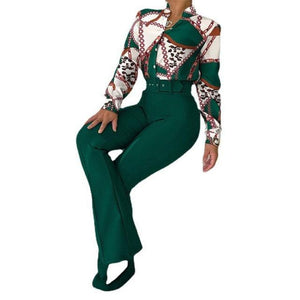 Two-piece Printed Long Sleeve Shirt & High Waist Straight Wide Leg Pants - http://chicboutique.com.au