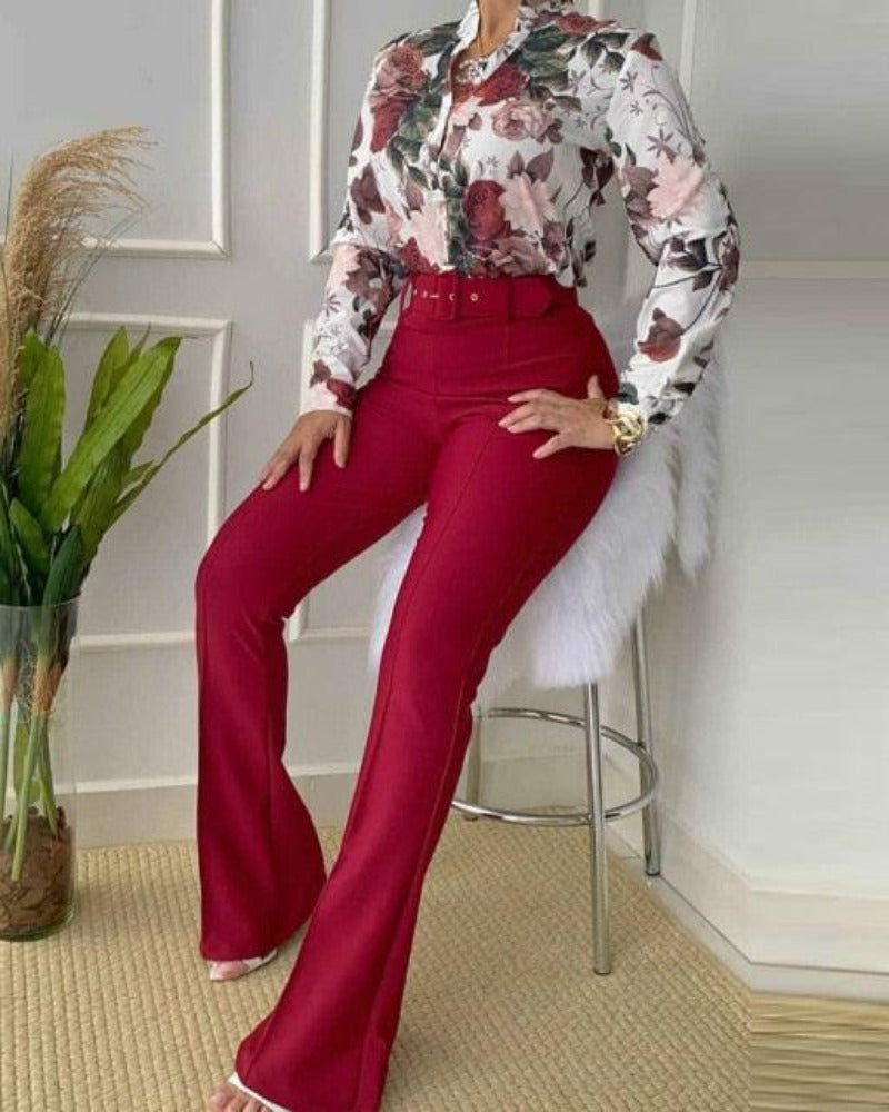 Two-piece Printed Long Sleeve Shirt & High Waist Straight Wide Leg Pants - http://chicboutique.com.au