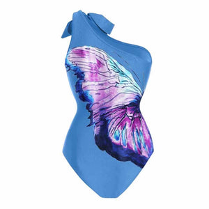 Blue One-Shoulder Butterfly Print One-Piece Swimsuit and Matching Cover-Up - http://chicboutique.com.au