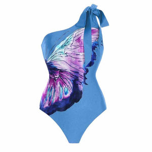 Blue One-Shoulder Butterfly Print One-Piece Swimsuit and Matching Cover-Up - http://chicboutique.com.au
