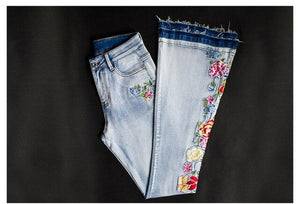 Embroidery Flare Stretch Mid Waist Jeans - http://chicboutique.com.au