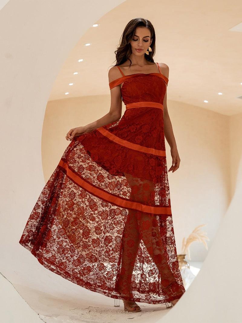 Off The Shoulder Illusion Floral Lace A-Line Long Dress - http://chicboutique.com.au