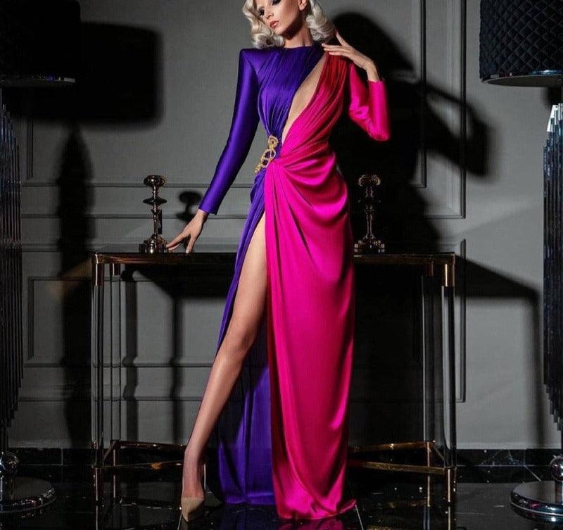 Purple And Fuchsia Long Sleeves Satin Evening Dress - http://chicboutique.com.au