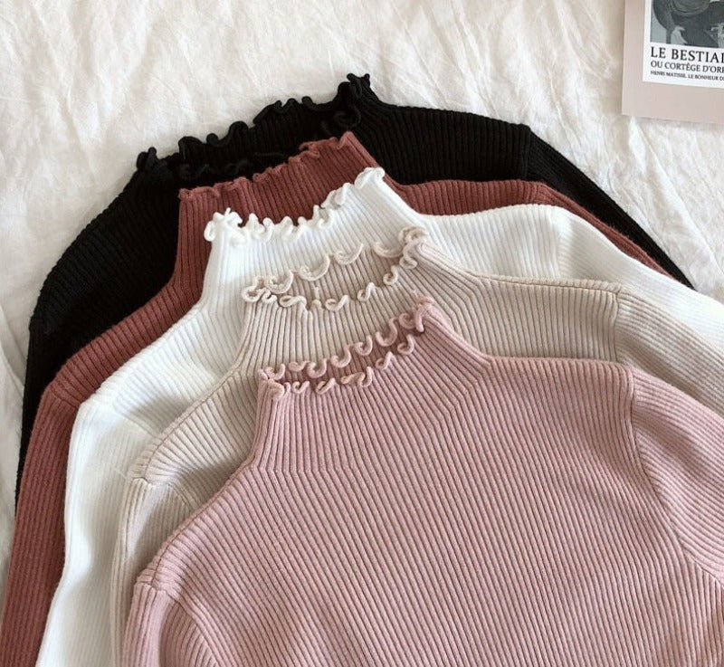 Ruffles Neckline Elastic Sweater