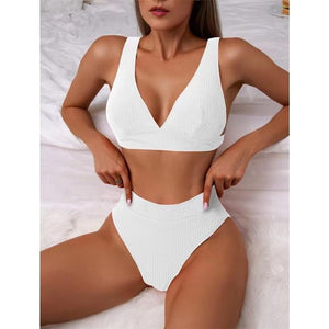 V-Neck Ribbed High Waist Bikini Set - http://chicboutique.com.au