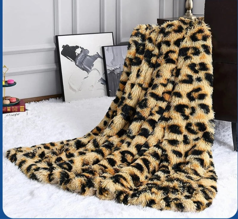 Leopard Plush Soft Faux Fur Bed Throw