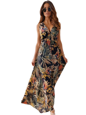 V Neck Bohemian Floral Print Sleeveless Maxi Dress - http://chicboutique.com.au