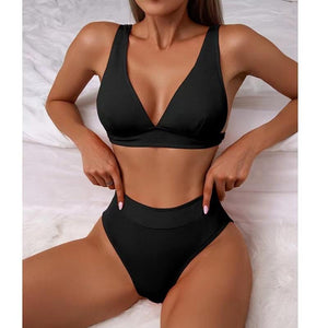 V-Neck Ribbed High Waist Bikini Set - http://chicboutique.com.au