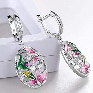 Pink Flowers Luxury Crystal CZ Green Leaf Earrings - http://chicboutique.com.au