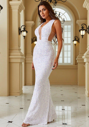 White V Neck Sleeveless Cutout Sequin Dress - http://chicboutique.com.au
