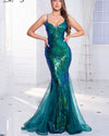 V Neck Sleeveless Green Cocktail Spaghetti Strap Sequin Evening Gown