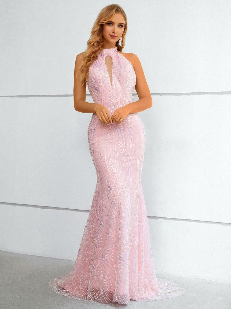 Luxury Pink Halter Neck Evening Dress