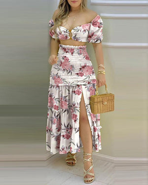 Floral Print Crop Top + High Waist Skirt 2 Piece Set - http://chicboutique.com.au