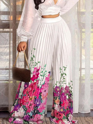 Batwing Sleeve Pleated Crop Tops & High Waist Floral Wide Leg Pants - http://chicboutique.com.au